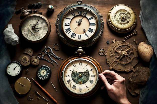 Vários relógios e mostradores desmontados com as mãos na mesa velha
