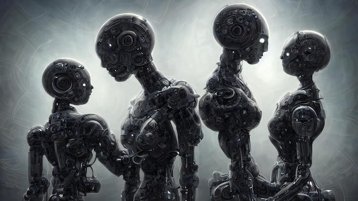 Foto varios robots de metal biónico humanoide concepto de relación de cyborgs futuristas