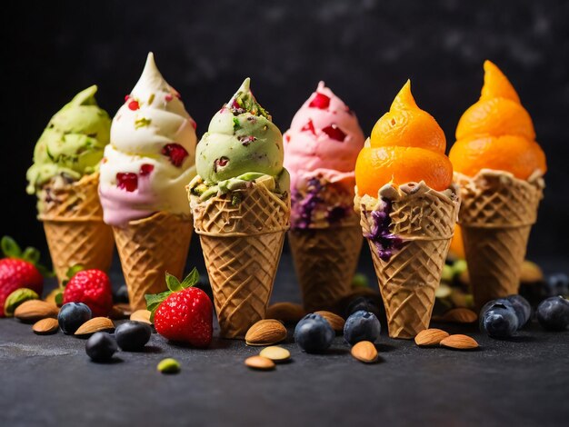 Foto varios de sabor a helado en conos arándano fresa pistacho almendra naranja y cereza