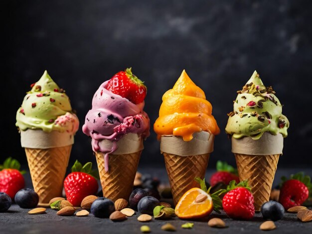 Foto varios de sabor a helado en conos de arándano fresa pistacho almendra naranja y cereza se