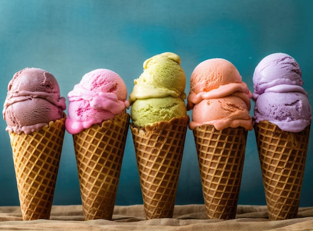Vários sabores de sorvete em cones mirtilo morango pistache amêndoa laranja e cereja configuração sobre fundo azul Verão e conceito de menu doce
