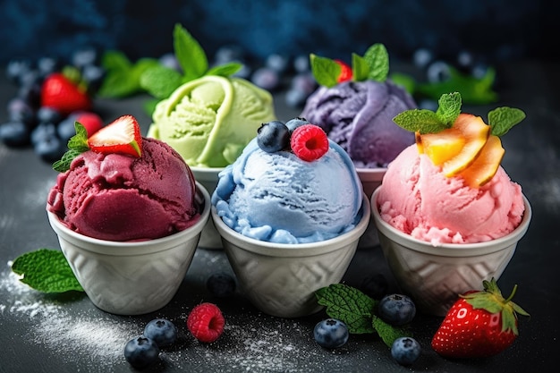 Varios sabores de helado con fresa fresca, kiwi, limón, vainilla.