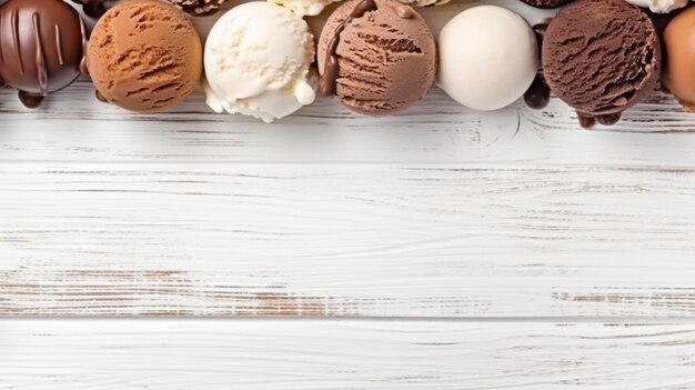 Varios sabores de helados y manjares congelados con un tema de chocolate Vista superior sobre un fondo de una bandera de madera blanca espacio para copiar La IA generativa