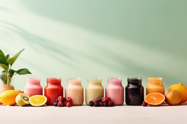 Vários smoothies em frascos e frutas frescas geradas pela IA