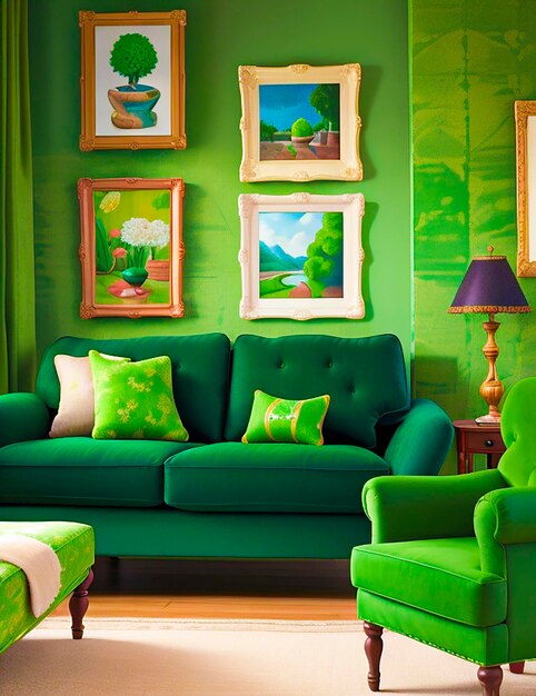 Vários sofás com pinturas em uma sala