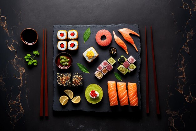 Vários sushis em um fundo de ardósia preta com uma mesa de madeira Jantar de menu de inspiração asiática olhando para cima Plano acima e copie o espaço