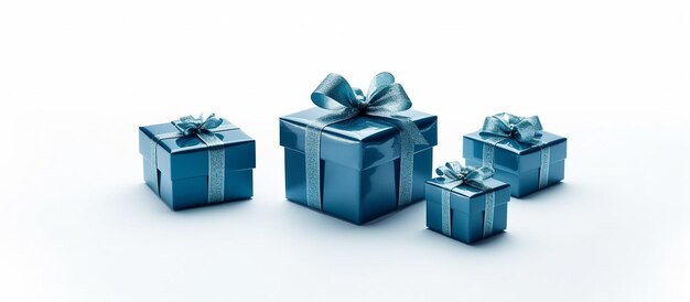 Vários tamanhos de caixas de presente azuis em fundo branco