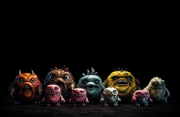 Foto varios tamaños colores aterradores terribles monstruos de juguete en una fila fondo negro aislar ai generado