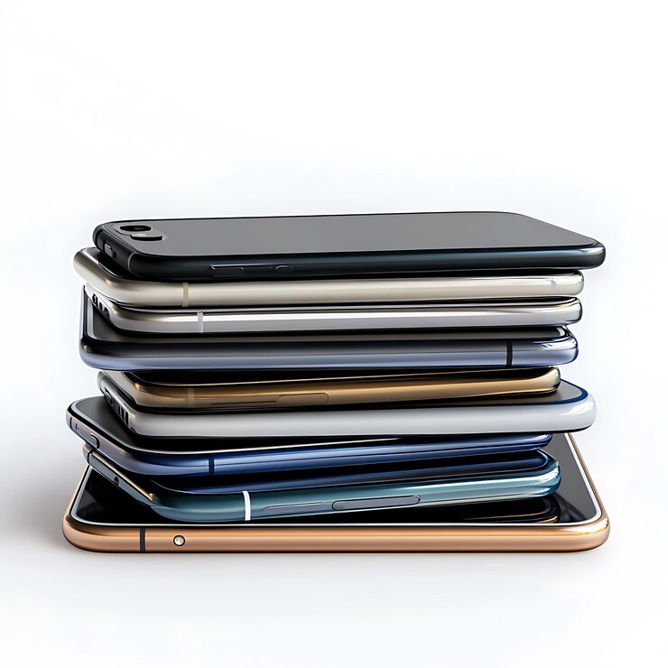 varios teléfonos celulares de diferentes colores apilados uno encima del otro