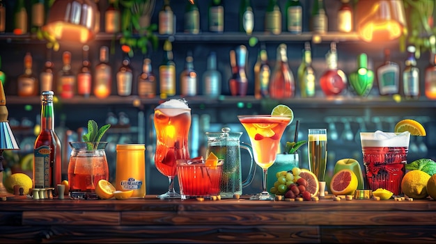 Varios tipos de bebidas, desde cócteles hasta bebidas alcohólicas, dispuestas en una mesa con utensilios de bar.