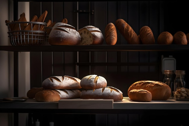 Varios tipos de bollos de pan fresco y baguette en estantes en panadería en una mesa rústica en una tienda de pan para el desayuno y el té de la tarde Ai generado