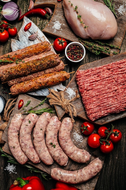 Varios tipos de carnes crudas a la parrilla y barbacoa Carne de pollo salchichas carne de res picada kebabs cerdo con hierbas especias sobre fondo de madera imagen vertical vista superior lugar para texto