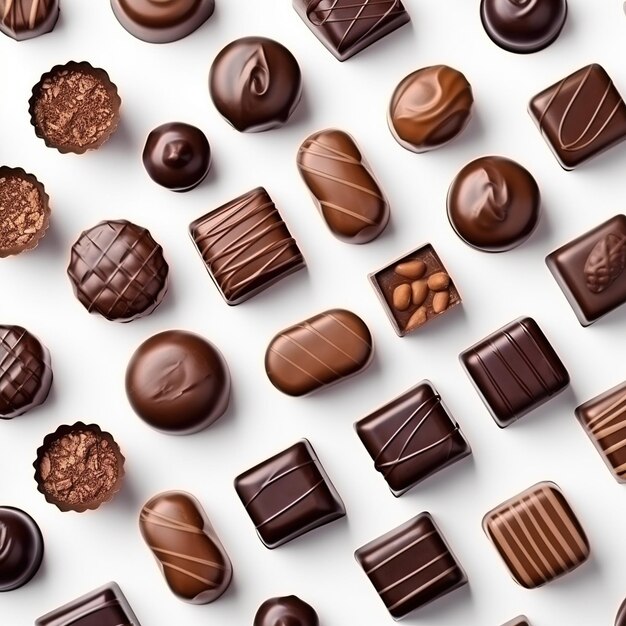 Vários tipos de chocolates bem dispostos em uma superfície branca