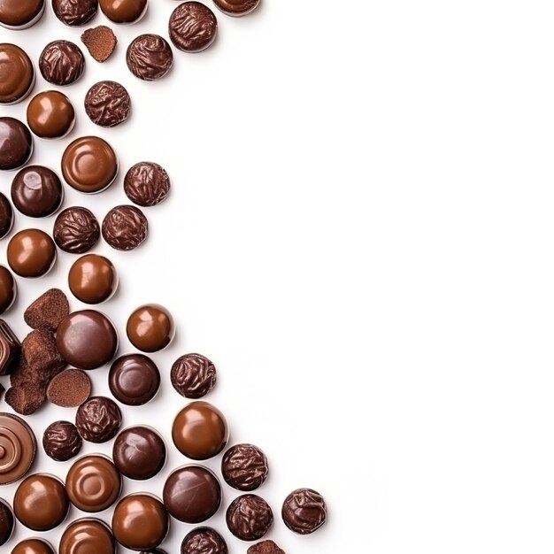 Vários tipos de doces de chocolate dispostos sobre um fundo branco