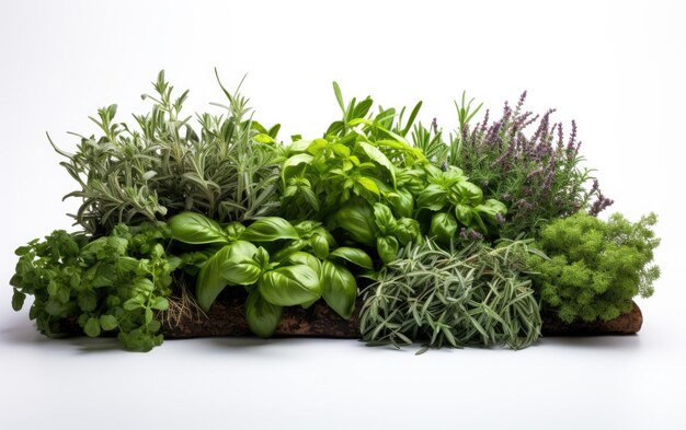Vários tipos de ervas em uma caixa de madeira para uso culinário e medicinal