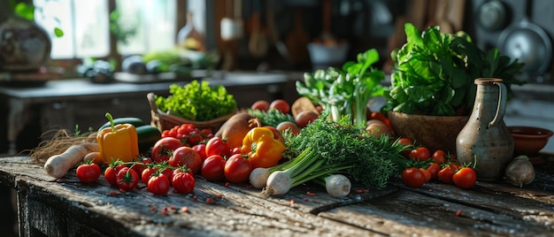 Vários tipos de legumes estão na mesa.