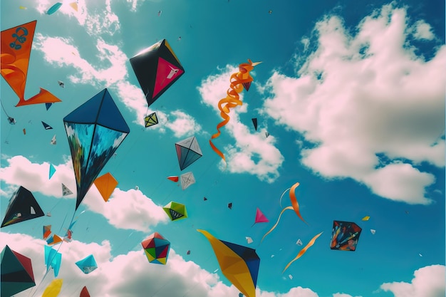 Vários tipos de pipas voando no céu azul entre nuvens em conceito para o festival internacional de pipas