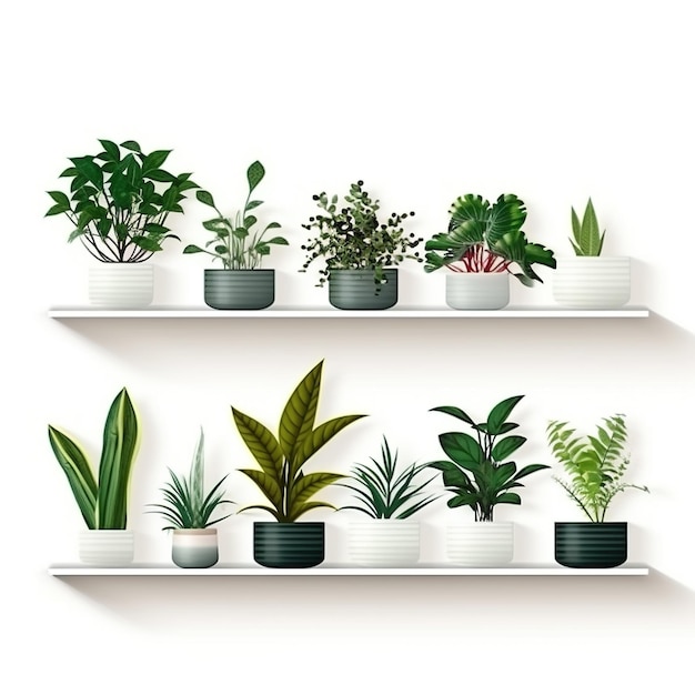 Vários tipos de plantas de interior em prateleiras brancas contra um fundo branco