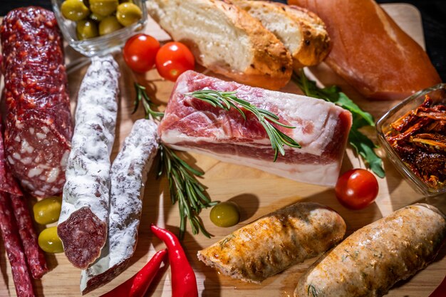 Vários tipos de salame, grão e salsichas em uma mesa de madeira