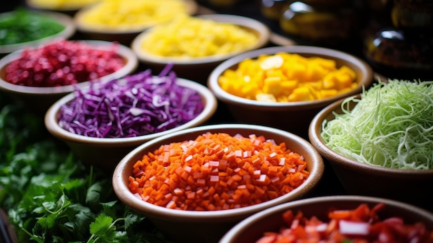 Vários tipos de vegetais triturados e ingredientes para saladas