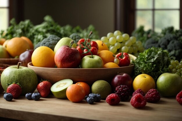 Varios tipos de frutas y verduras, comida saludable y estilo de vida de ejercicio de yoga ar c