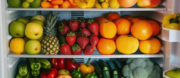 Varios tipos de frutas y verduras frescas están ordenadamente dispuestos en el refrigerador