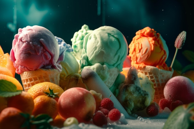 Varios tipos de helados coloridos con frutas creados con tecnología de IA generativa