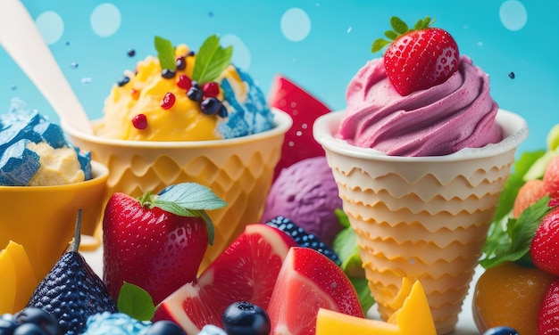 Foto varios tipos de helados coloridos con frutas.