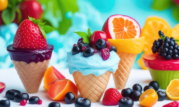 Varios tipos de helados coloridos con frutas.