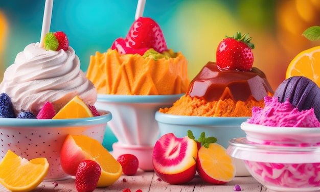 Foto varios tipos de helados coloridos con frutas.