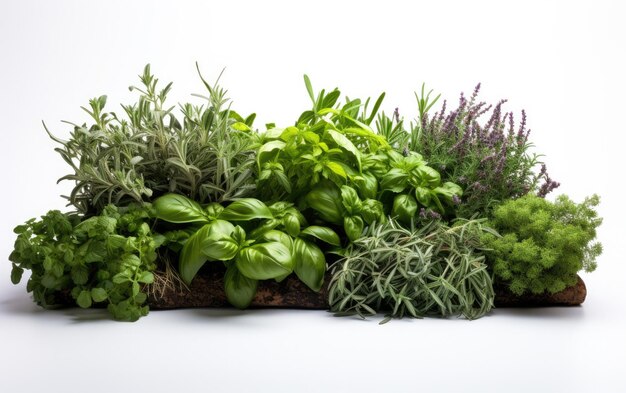 Foto varios tipos de hierbas en una caja de madera para uso culinario y medicinal