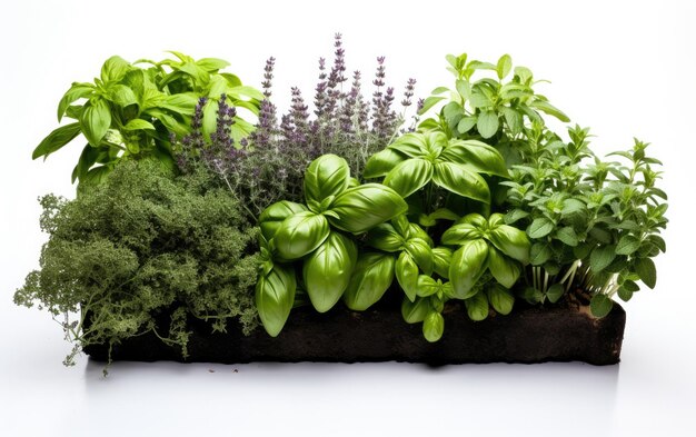 Foto varios tipos de hierbas en una caja de madera para uso culinario y medicinal