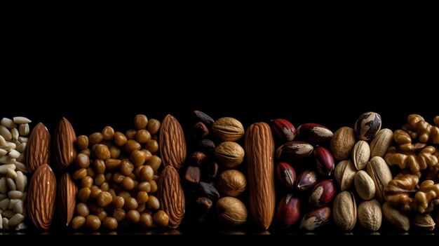 Varios tipos de nueces en una fila ingredientes ecológicos naturales fondo negro generado por IA