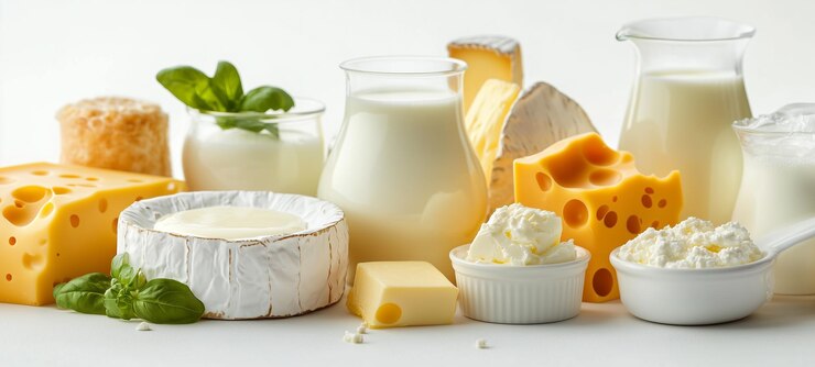 varios tipos de productos lácteos sobre un fondo blanco