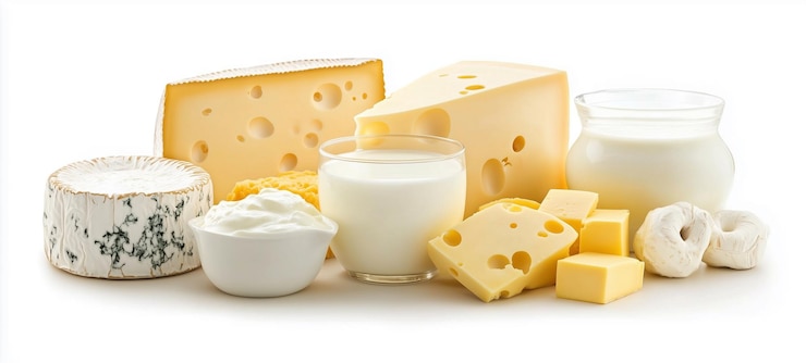 varios tipos de productos lácteos sobre un fondo blanco