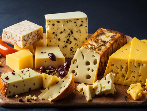 Varios tipos de queso en mesa de madera negra