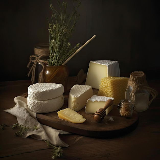 Varios tipos de queso y miel en una mesa de madera bodegón