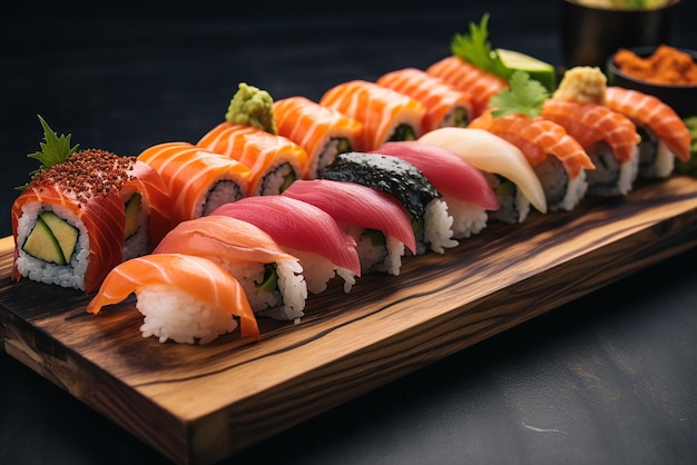 Varios tipos de sushi en una bandeja de madera