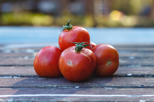 Vários tomates em uma mesa marrom, foco seletivo.