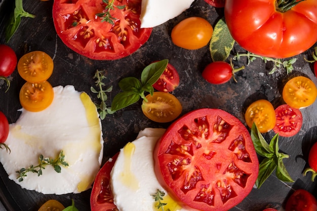 Vários tomates servidos com manjericão Refeição vegetal saudável