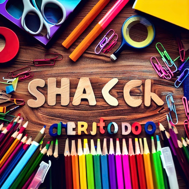 Varios útiles escolares coloridos en la mesa de madera Concepto de regreso a la escuela