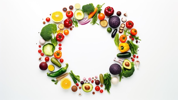 Vários vegetais e alimentos saudáveis em círculo sobre fundo branco