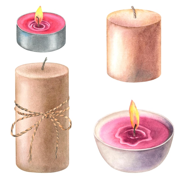Varios velas rosas y marrones para aromaterapia Ilustración de acuarela dibujada a mano de la luz vintage