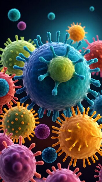 Varios virus coloridos vistos bajo un microscopio