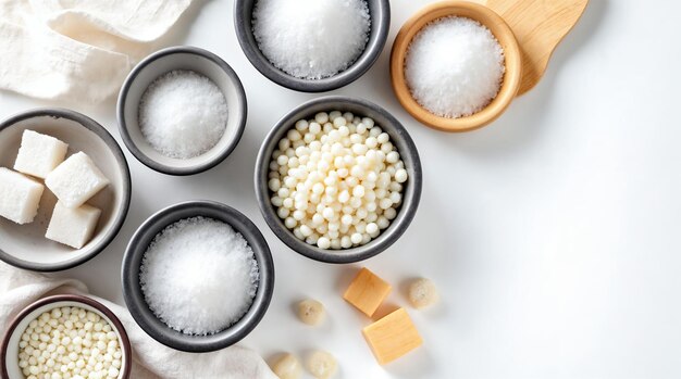 Various ingredients and kitchenware on a white surface.