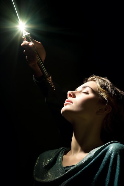 Foto la varita del mago tocando la parte superior de la cabeza de una mujer triste relisitic suave bondad eje de luz