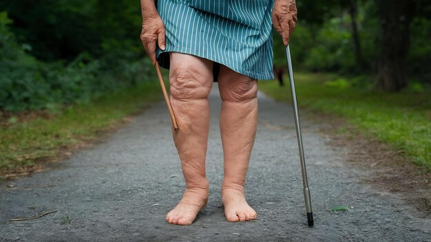 Varizes nas pernas da idosa asiática.