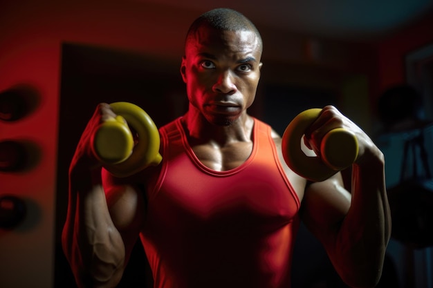 Varón adulto afroamericano haciendo ejercicio con pesas saludable IA generativa AIG23