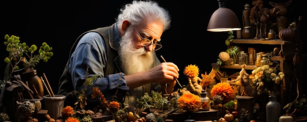 Varón anciano con cabello blanco y barba larga con anteojos inclinado sobre el jardín en miniatura El hombre sostiene un instrumento cuidando las plantas Telón de fondo negro IA generativa