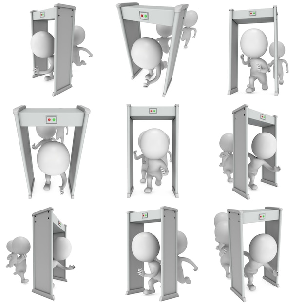 varredor do detector de metais 3D e homem correndo isolado no branco